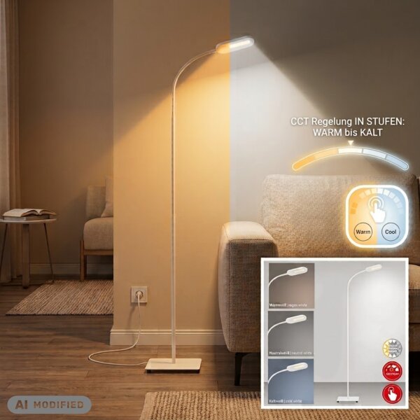Stehleuchte Office Step, Weiß, 8 Watt, dimmbar, Touchdimmer, 158,6 x 41,7 cm – Briloner