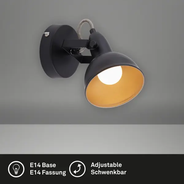 Wandspot Retro, Schwarz – Gold, 40 Watt, E14-Fassung, Ø 10 cm – Briloner