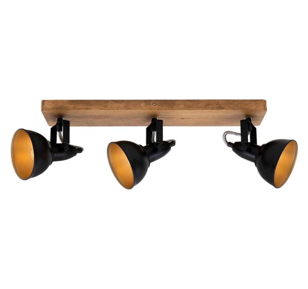3-flammiger Deckenstrahler Barnim, Braun / Schwarz-Gold, 3x25W, E14-Fassung, Holz – Briloner