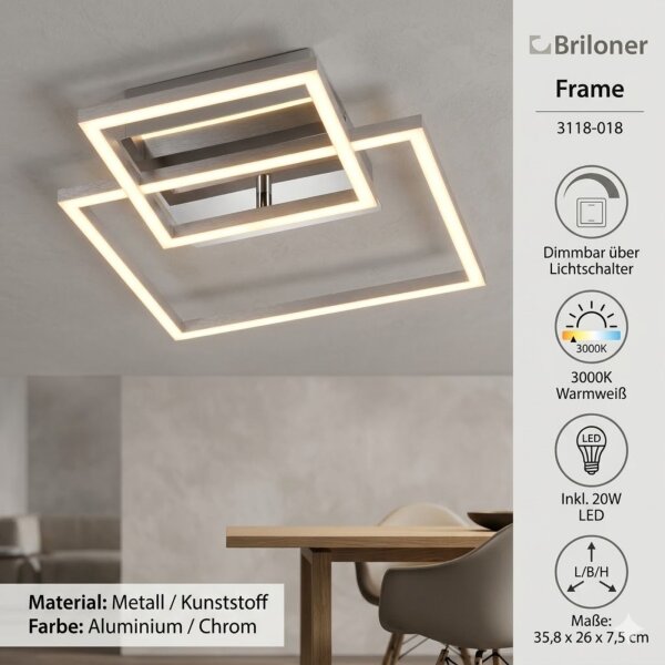 LED Deckenleuchte Frame, Aluminium / Chrom, 20 Watt, dimmbar, 35,8 x 26 x 7,5 cm – Briloner
