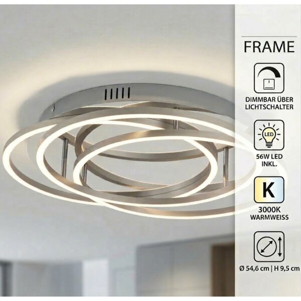 LED Deckenleuchte Frame, Alu / Chrom, 56 Watt, 3000K, dimmbar, Ø 54,6 cm – Briloner