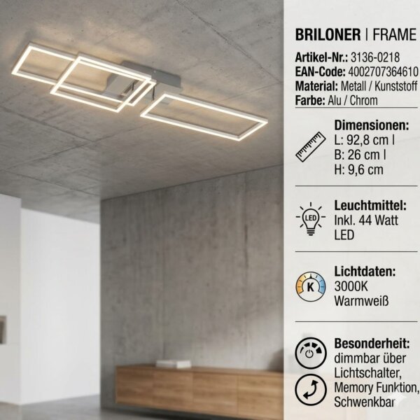 Briloner LED Deckenleuchte Frame Alu Chrom 93x26cm 44W Dimmbar Switch-Dimmer Warmweiß