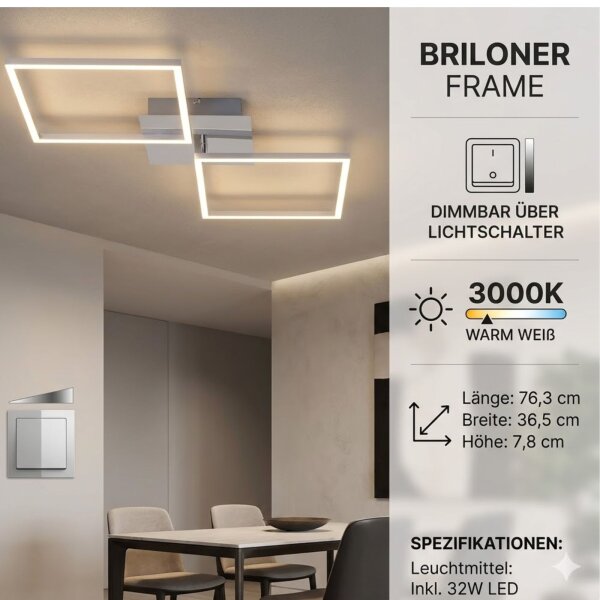 LED Deckenlampe Frame, Alu Chrom, 32 Watt, 3000K, dimmbar, 76,3 x 36,5 x 7,8 cm – Briloner