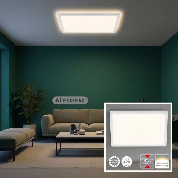 Briloner Slim LED Panel 42x42cm Weiß mit Back Light Effekt, 22W 4000K
