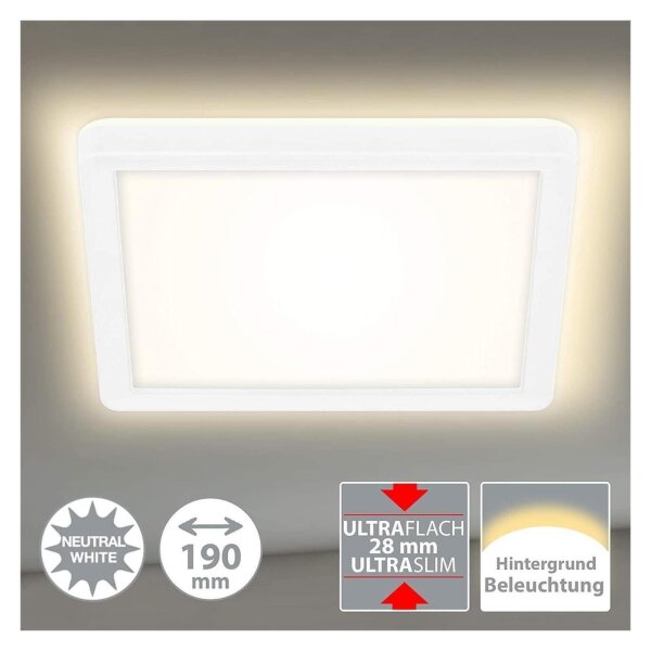 LED Deckenlampe Panel Slim, Weiß, 12 Watt, 4000K, 19 x 19 x 2,8 cm – Briloner