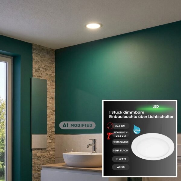LED Einbaulampe Flat Dim, Weiß, Bohrloch 20,5 cm, 18 Watt, 4000K, dimmbar, IP44 – Briloner