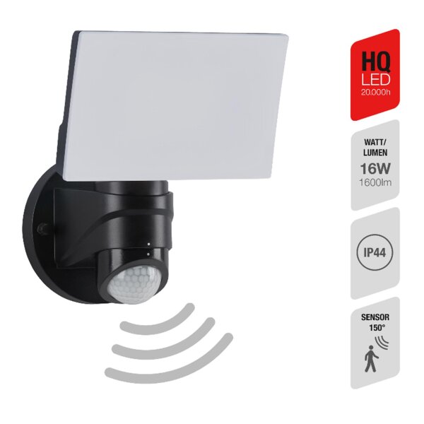 Telefunken  LED Außenlampe 16W Sensor Wandleuchte IP44 Bewegungsmelder Schwarz