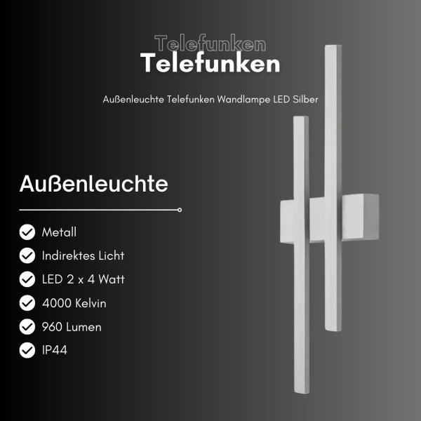 Telefunken  LED Außenlampe 2-flammig IP44 Wandleuchte Indirektes Licht Silber