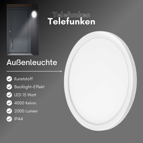 Telefunken Nizza LED Außenwandleuchte 15W Backlight-Effekt Rund Weiß
