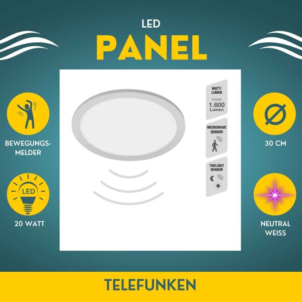 Telefunken  LED Deckenlampe 20W Sensor Panel Bewegungsmelder Rund Chrom