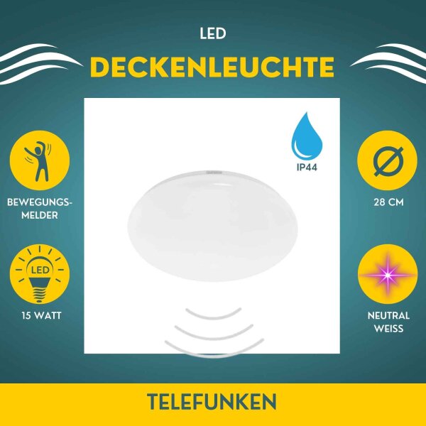 LED Deckenleuchte mit BW, Weiß, 15 Watt, 4000K, mit Bewegungsmelder – Telefunken