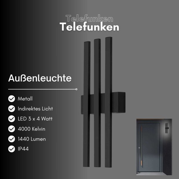 Telefunken  LED Außenlampe 12W IP44 Wandleuchte Indirektes Licht Schwarz