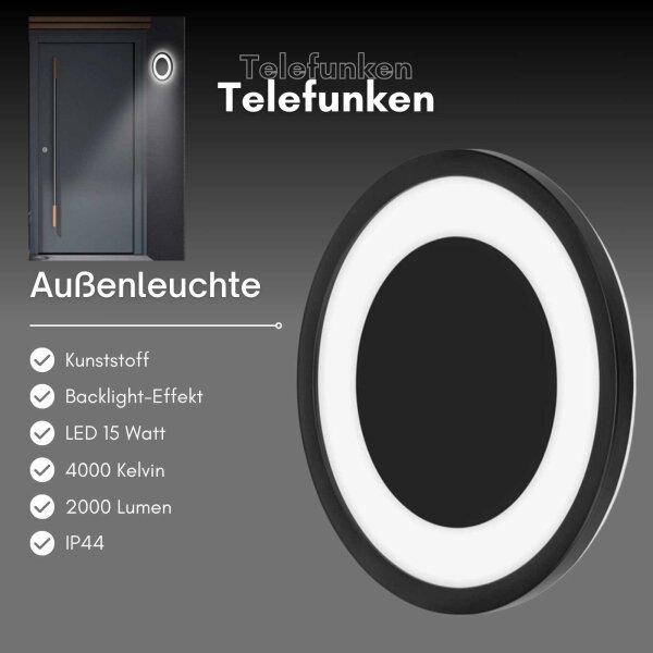 Telefunken LED Außenwandleuchte 15W Rund IP44 Schwarz