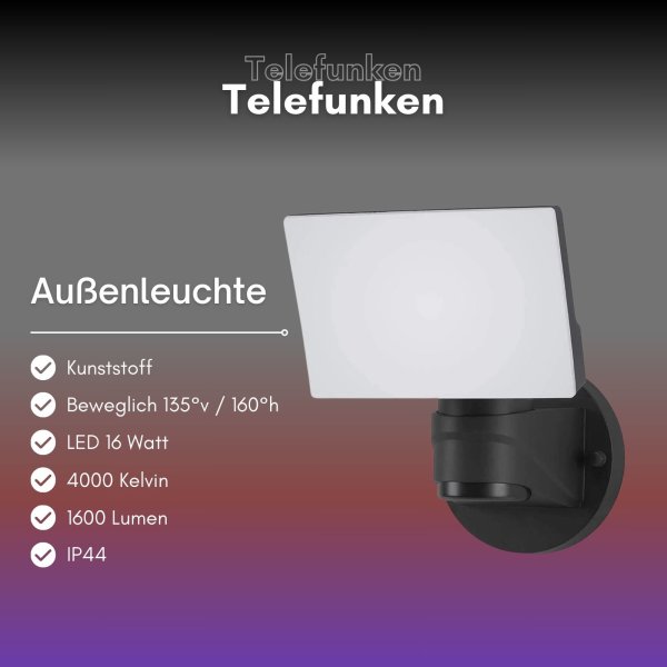 B-Kartonage Telefunken  Strahler LED Außenlampe 16W IP44 Wandleuchte Schwenkbar Eckig Schwarz