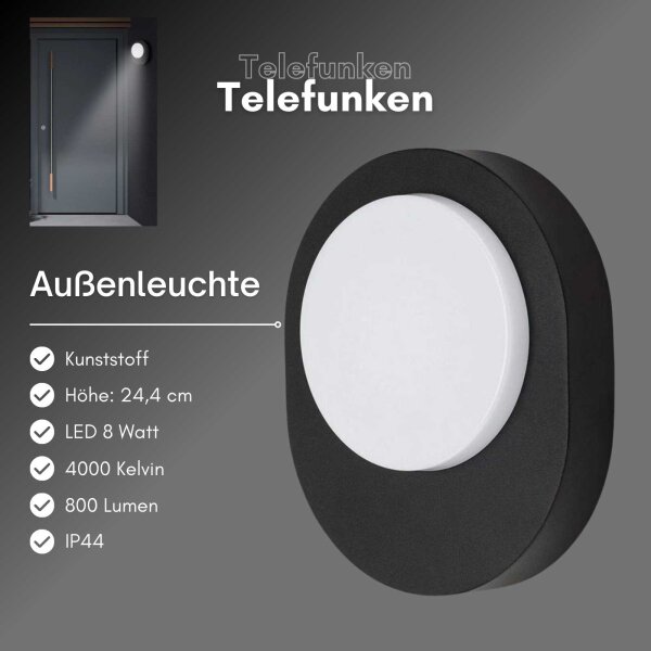 Telefunken LED Außenwandleuchte 8W IP44 Schwarz