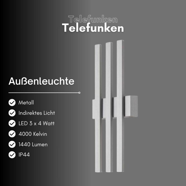 Telefunken LED Außenwandleuchte 12W 3-flammig Indirektes Licht IP44 Silber