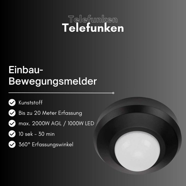B-Kartonage Telefunken  Jena Bewegungsmelder 360&deg; 20m IP44 Rund Schwarz