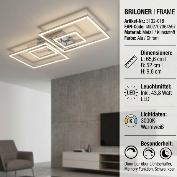 Briloner LED Deckenleuchte Frame Alu Chrom 65x52cm 44W Dimmbar Switch-Dimmer Warmweiß
