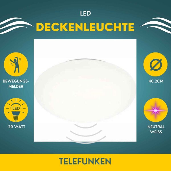 LED Deckenleuchte LED Deckenleuchte mit BW, Weiß, 20 Watt, mit Bewegungsmelder – Telefunken