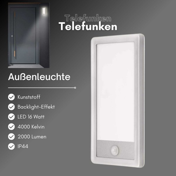 Außenleuchte Telefunken Außenlampe LED 16W Wandleuchte IP44 Sensor Backlight-Effekt Eckig Silber