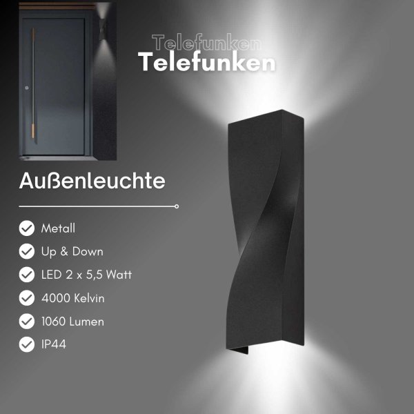 Telefunken  Brügge LED Außenlampe 11W Up - & Downlight IP44 Außenwandleuchte Schwarz