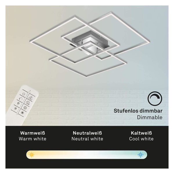 B-Kartonage Briloner  Frame LED Deckenlampe Fernbedienung Dimmbar 3-flammig Schwenkbar Chrom-Alu