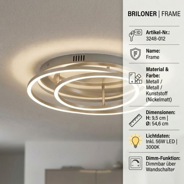 LED Deckenlampe Frame, Nickelmatt, 56 Watt, 3000K, dimmbar, Ø 54,6 cm – Briloner