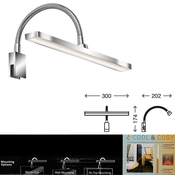 Briloner  Cool & Cosy LED Badleuchte Farbtemperatur-Wechsler Flexarm Badlampe Chrom