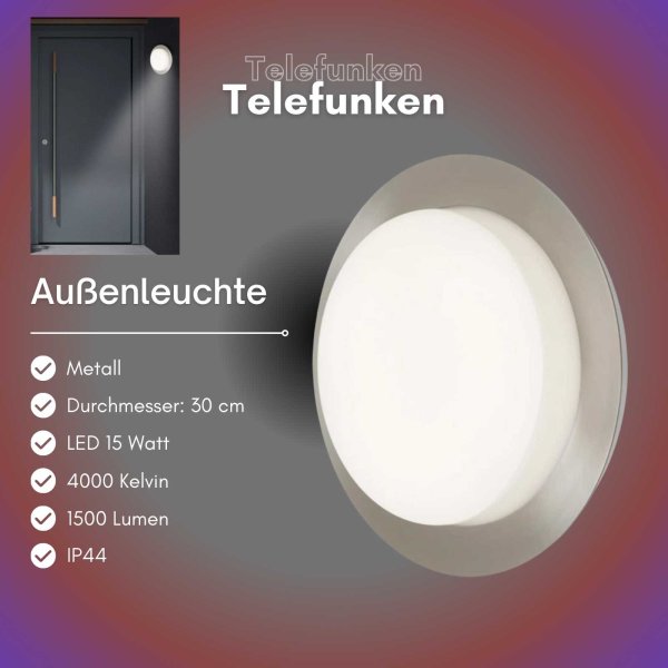 B-Kartonage Telefunken  Au&szlig;enlampe LED 15W Wandleuchte IP44 Rund Silber