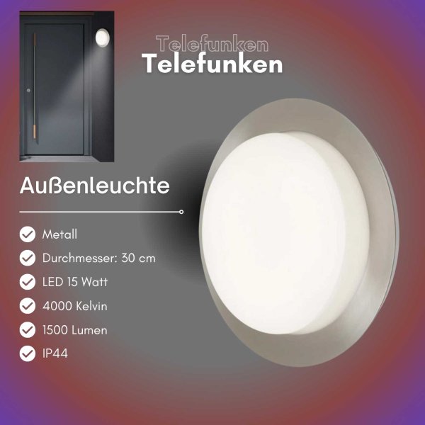 Telefunken  Außenlampe LED 15W Wandleuchte IP44 Rund Silber