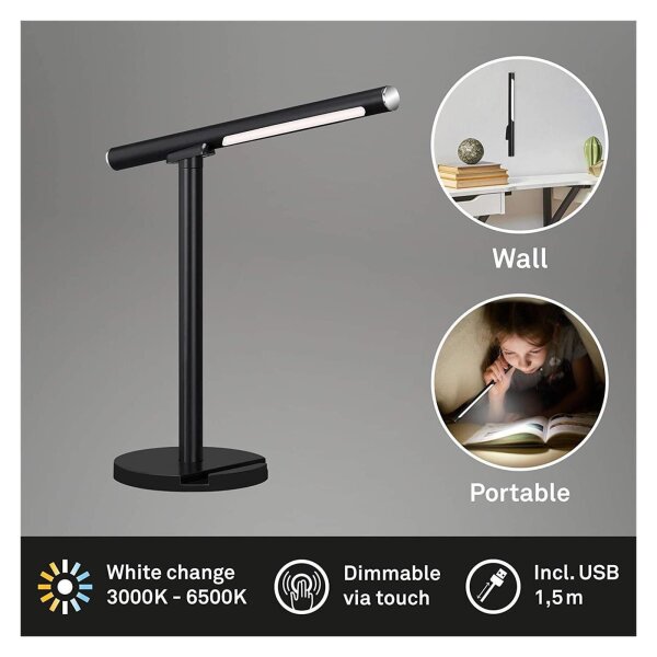 Briloner  Everywhere 2in1 LED 1,5W Tischlampe Akku Wandleuchte Touchschalter Dimmbar USB Schwarz