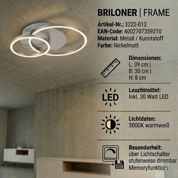 Deckenleuchte Briloner Frame LED 30W Deckenlampe dimmbar ü. Schalter Nickel-Matt