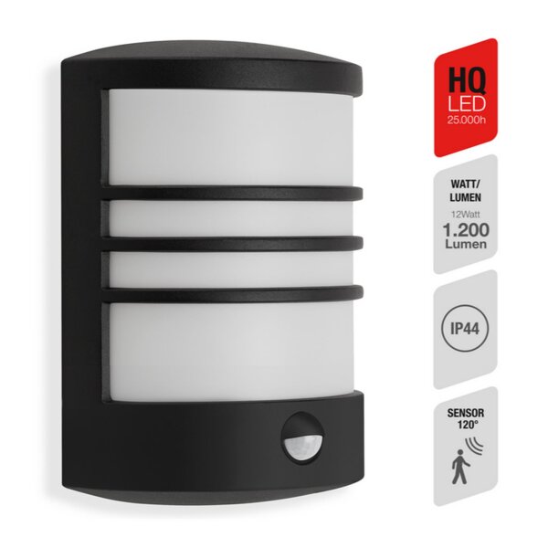 Telefunken LED Außenwandleuchte 12W Bewegungsmelder Dämmerungssensor IP44 Schwarz