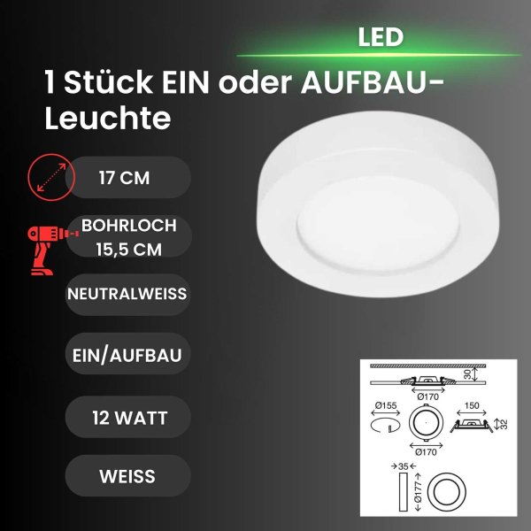 Briloner  Sky 2in1 LED Einbaulampe Aufbaulampe 12W Rund Weiß