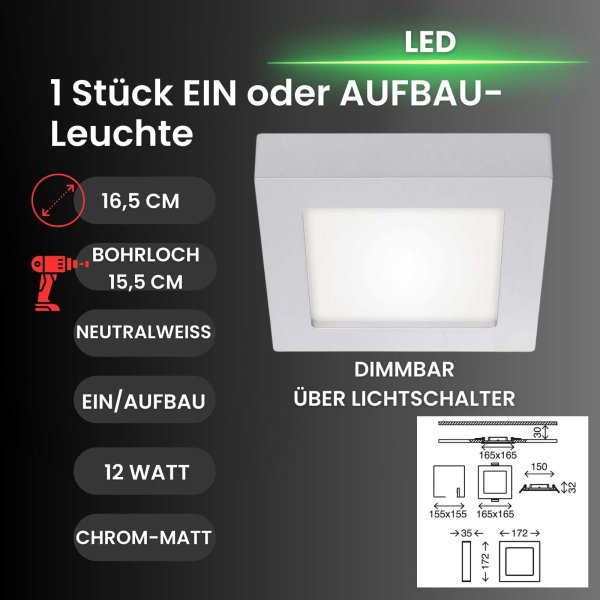 Briloner  Sky 2in1 LED Einbaulampe Aufbaulampe Dimmbar 12W Eckig Chrom-Matt