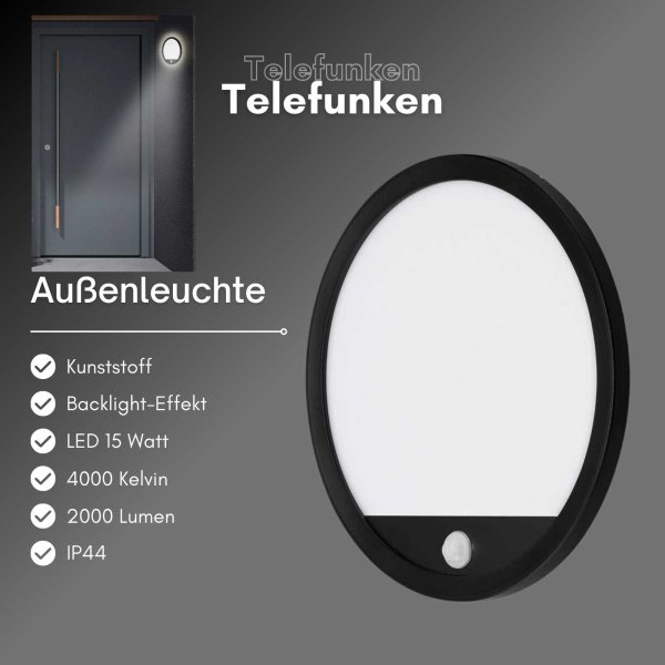 Außenleuchte Telefunken Außenlampe LED 15W Wandleuchte IP44 Sensor Backlight 4000K Schwarz