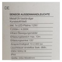 Telefunken  Außenlampe LED 12W Sensor Wandleuchte Weiß