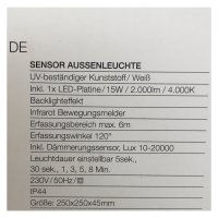 Telefunken  Außenlampe LED 15W Wandleuchte IP44 Sensor Backlight-Effekt Eckig Weiß