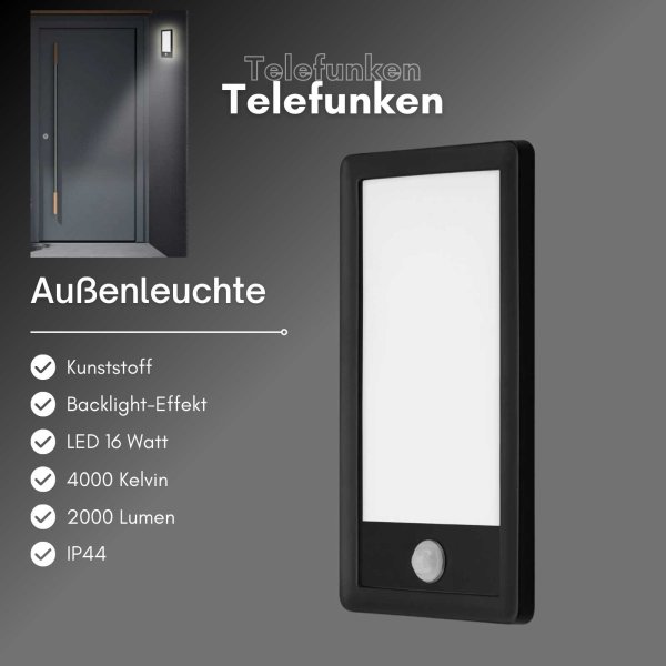 Telefunken  Außenlampe LED 16W Wandleuchte IP44 Sensor Backlight-Effekt Eckig Schwarz