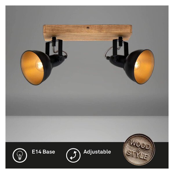 2-flammiger Deckenstrahler Barnim, Braun / Schwarz-Gold, 2x25W, E14-Fassung, Holz – Briloner