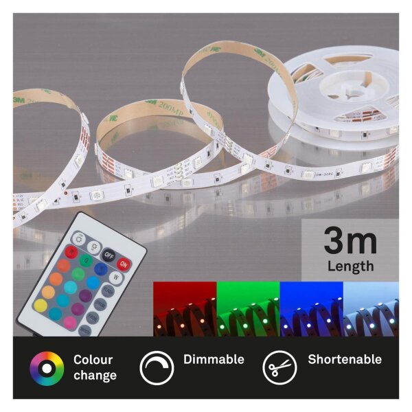 LED-Stripe LED RGB Lichtband, 300 cm, 12 Watt, dimmbar, mit Fernbedienung – Briloner