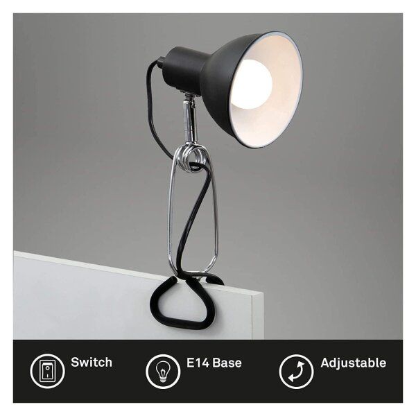 Klemmlampe Fix, Schwarz, 8 Watt, E14-Fassung, schwenkbar, 13 x 30,5 cm – Briloner