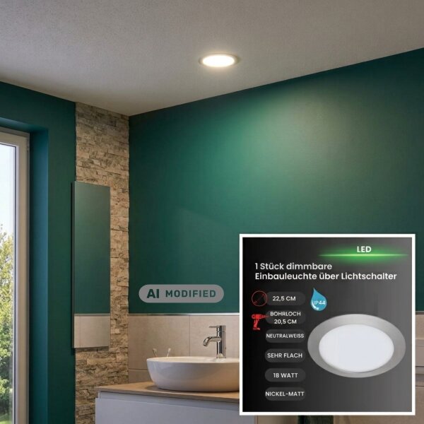 LED Einbauleuchte Flat Dim, Matt Nickel, Bohrloch 20,5 cm, 18 Watt, dimmbar, IP44 – Briloner