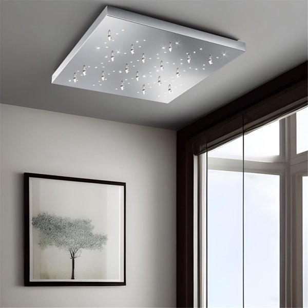 B-Kartonage Deckenleuchte Trio Titus LED 36W Deckenlampe Dimmbar Fernbedienung Sternenhimmel Eckig Silber