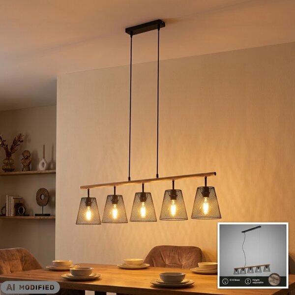5-flammige Pendelleuchte Taunus, Schwarz / Holz, 5 x E14 max. 25W, 110 x 136 cm – Briloner