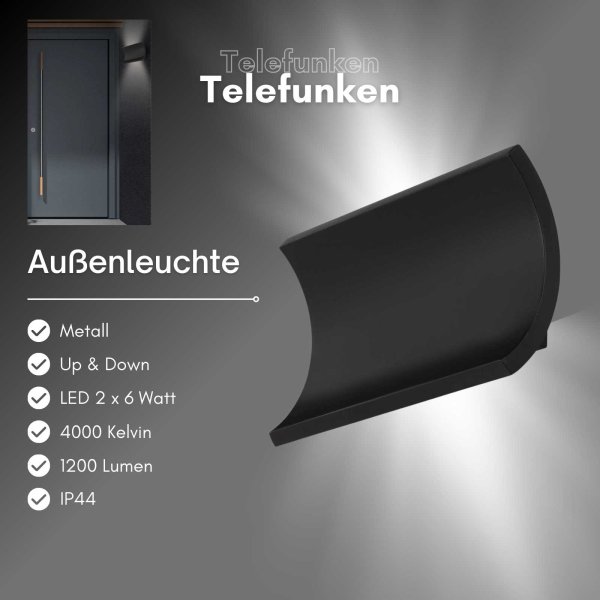 Außenleuchte Telefunken LED Außenlampe 19,7 cm 2x6W 600lm schwarz