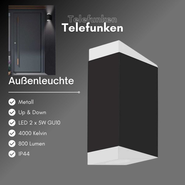 Außenleuchte Telefunken LED 10W Außenlampe IP44 4000K Wandleuchte Schwarz