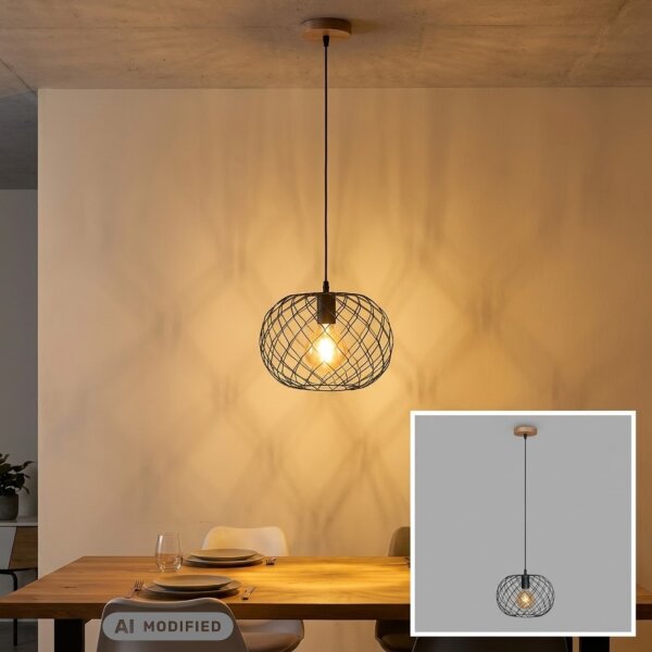 Hängeleuchte Hängelampe, Schwarz / Holzoptik, E27 max. 40W, Ø 30 cm – Briloner