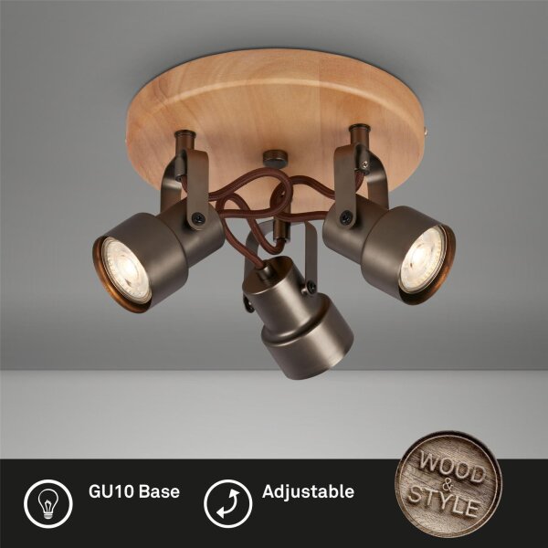3-flammiger Deckenstrahler Tahun, Holz / Antik-Grau, 3x5W, 3000K, schwenkbar – Briloner