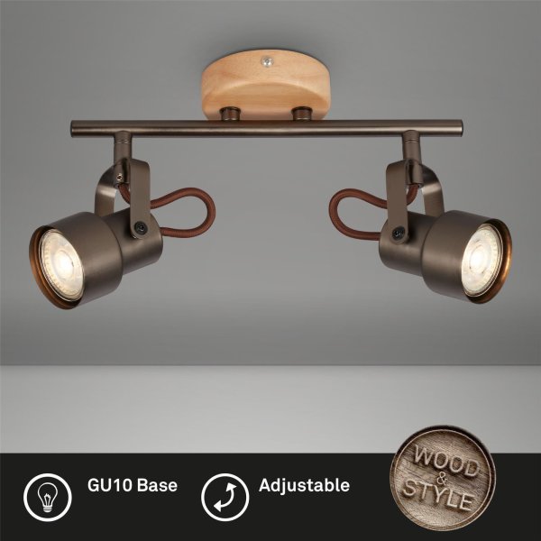 Deckenleuchte Briloner LED GU10 2x5W 27,4CM Deckenlampe Holz Strahler Schwenkbar Metall Spot Antik-Grau